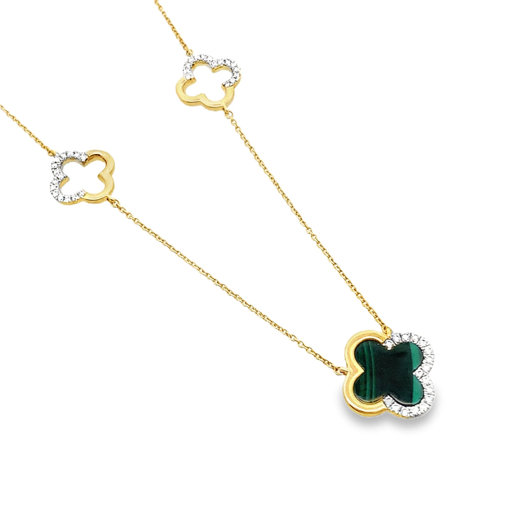 0.25Ct 18K Yellow Gold Cable Link Rd Diamond Green Stone Flower Necklace 18In 3.1Dwt