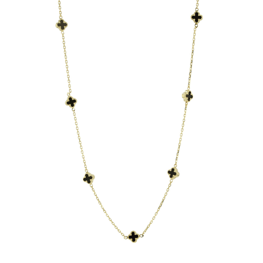 14K Yellow Gold Onyx Flowers Necklace 20In 3.4Dwt