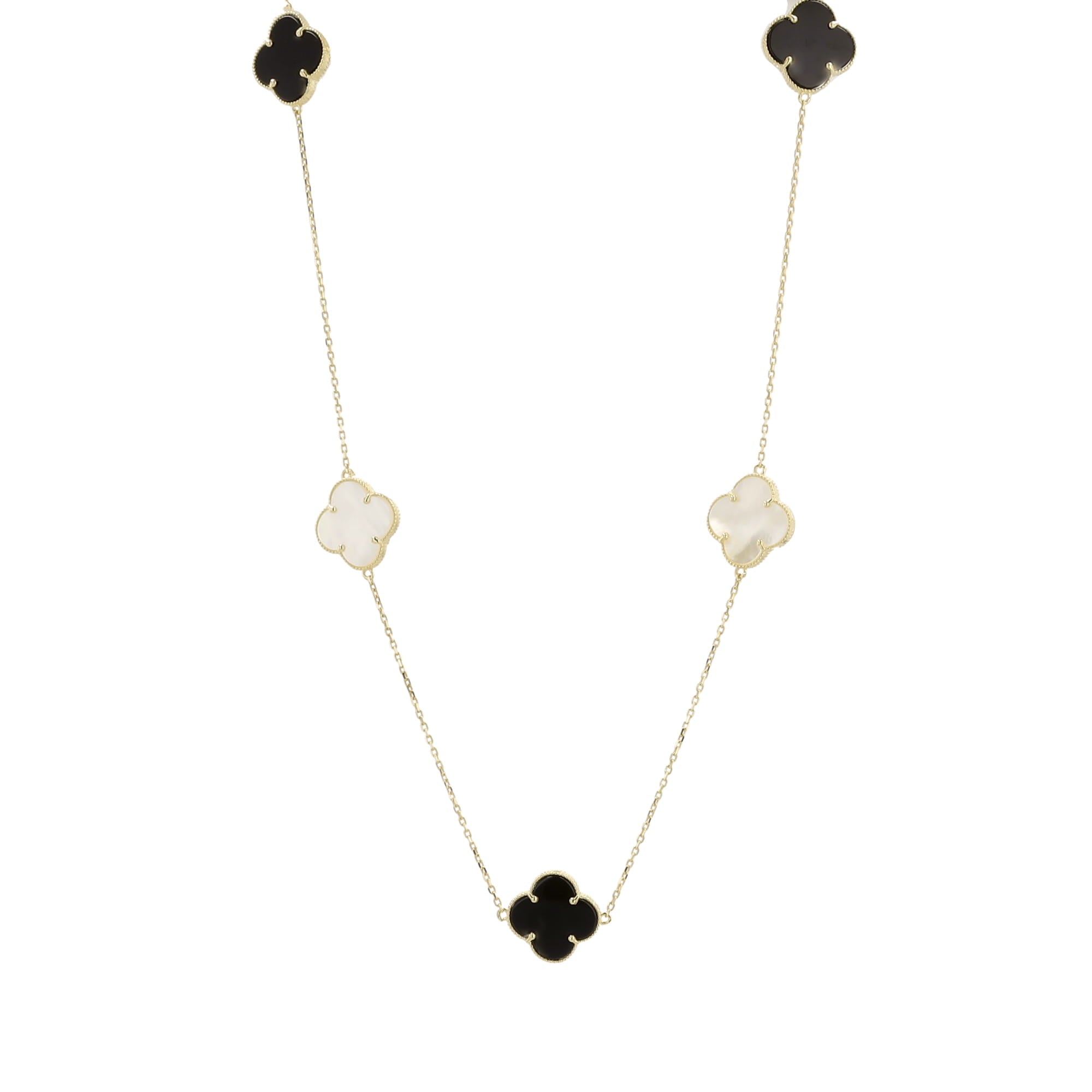 10K Yellow Gold Mother Of Pearl & Onyx Flowers Necklace 16In 3.5Dwt