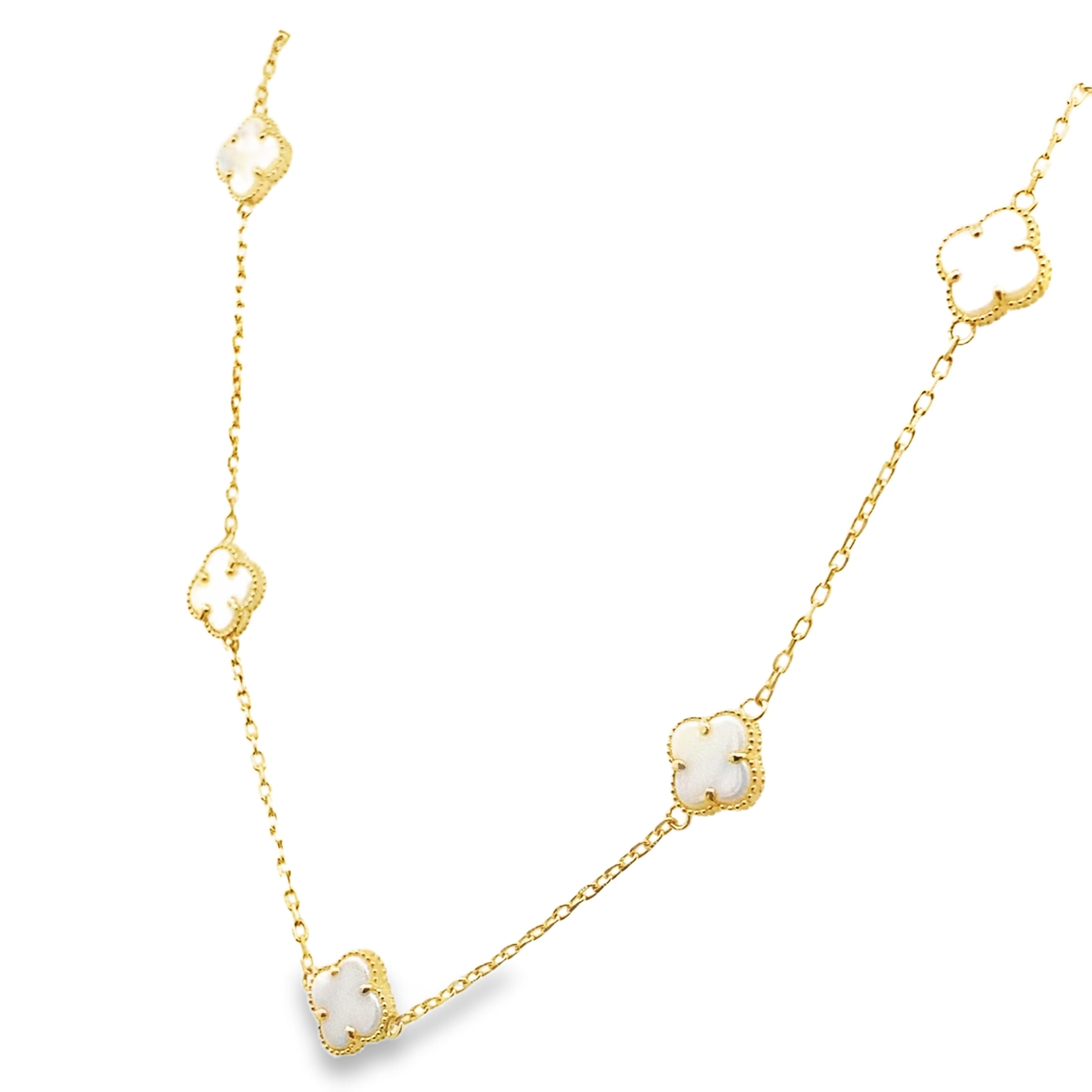 10K Yellow Gold Five White Flowers Necklace 18In 3.5Dwt
