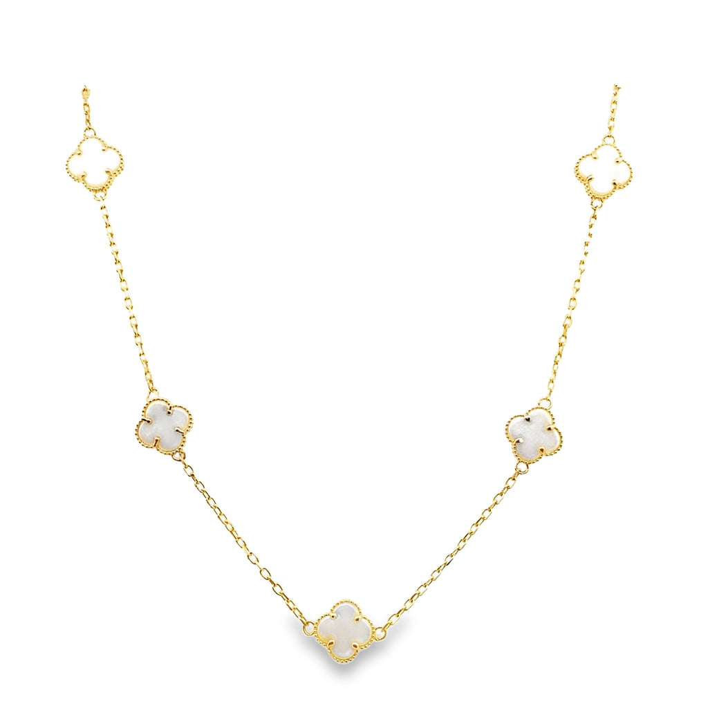 10K Yellow Gold Five White Flowers Necklace 18In 3.5Dwt