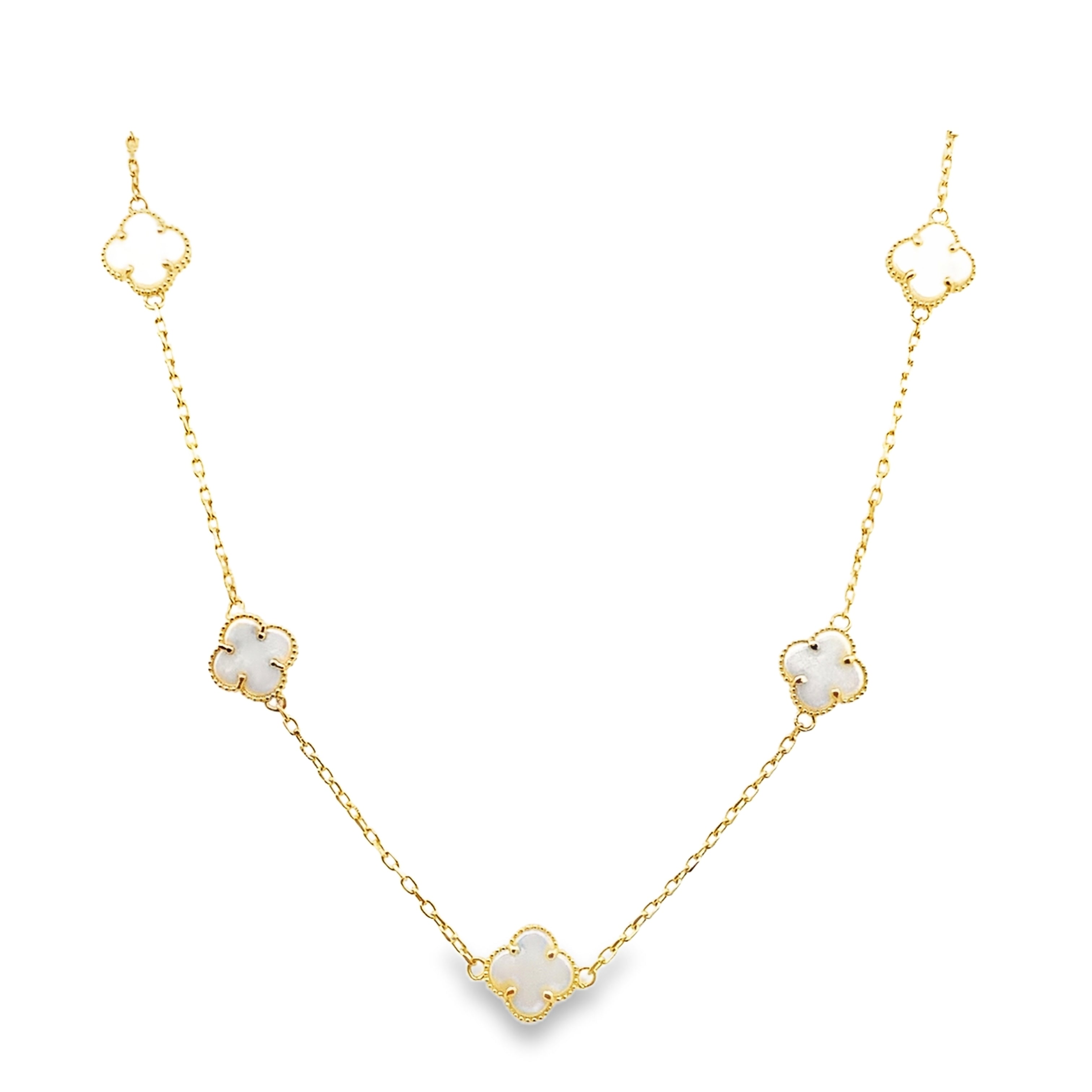 10K Yellow Gold Five White Flowers Necklace 18In 3.5Dwt