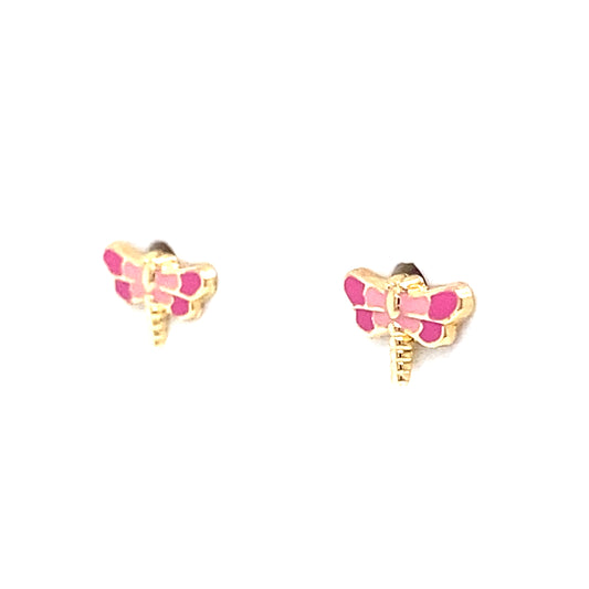 14K Yellow Gold Small Baby Pink Dragonfly Stud Earring