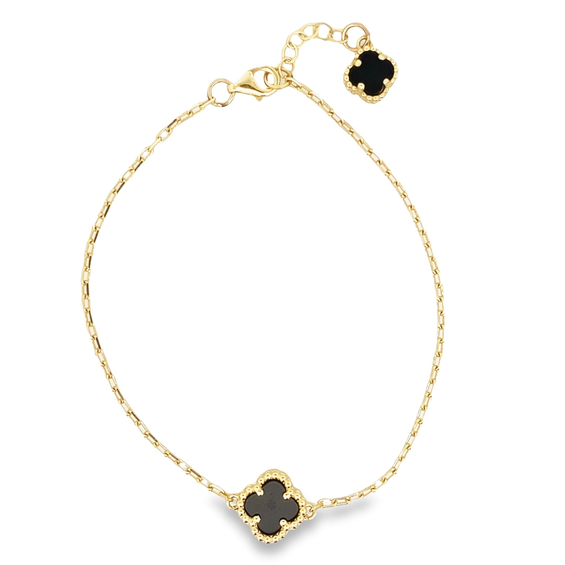 14K Yellow Gold Onyx Flower Bracelet 8In