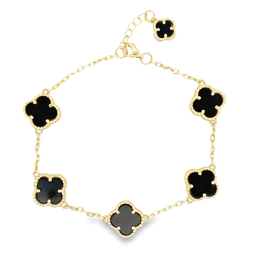 10K Yellow Gold Onyx  Flowers Bracelet 7In 3.6Dwt