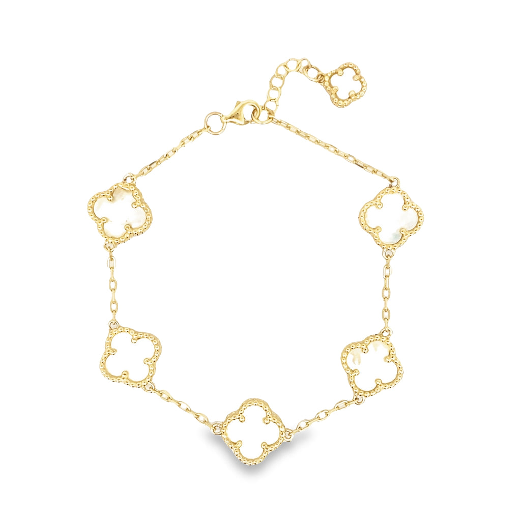 14K Yellow Gold Mother Of Pearl Flower Bracelet 8In