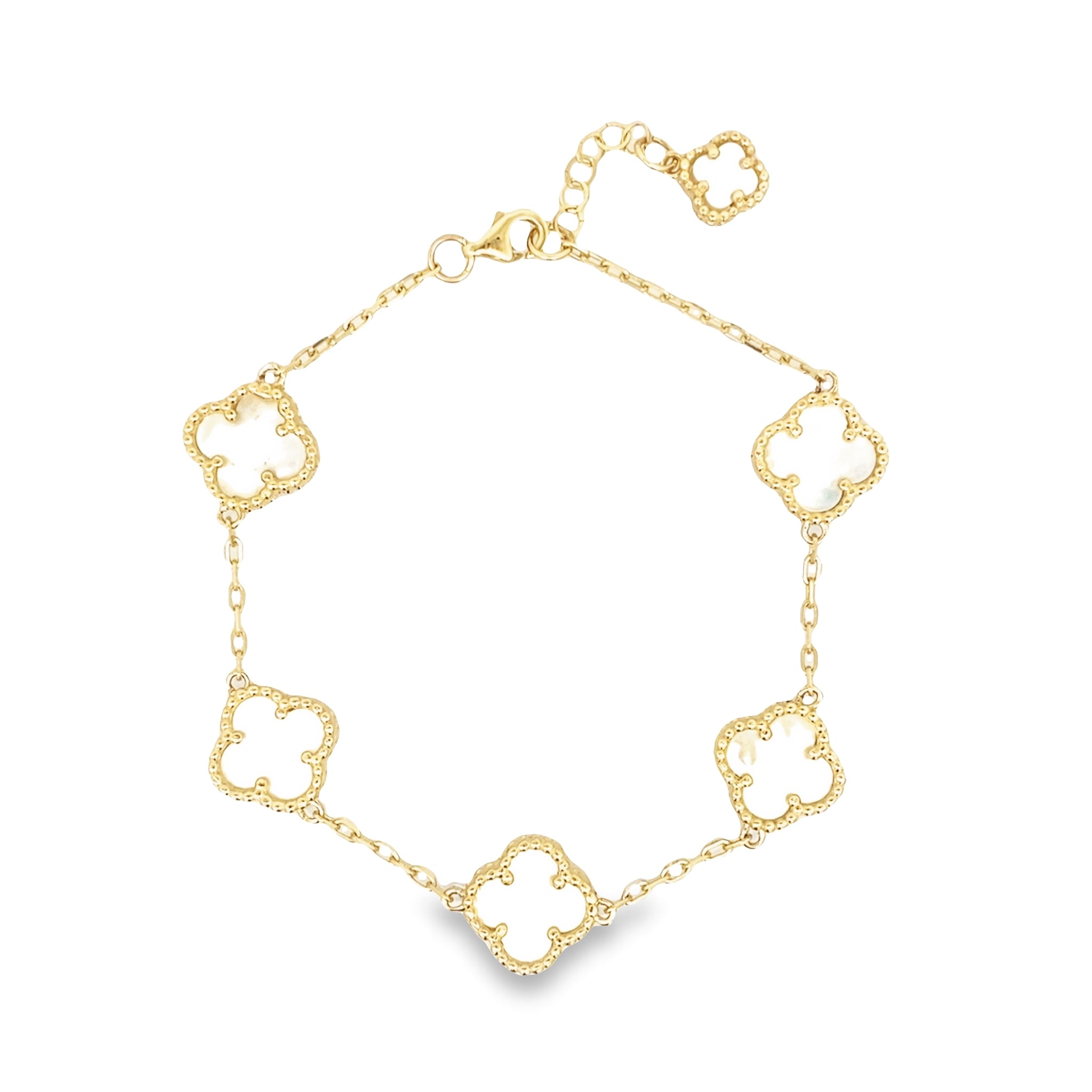 14K Yellow Gold Mother Of Pearl Flower Bracelet 8In