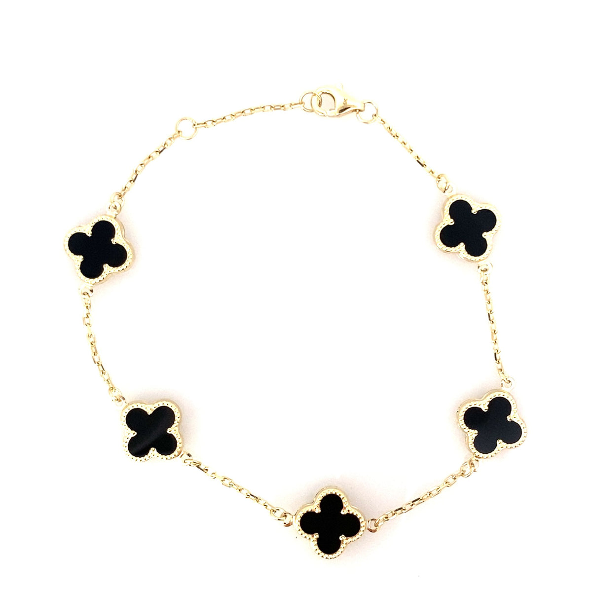 14K Yellow Gold Onyx Flower Bracelet 8In 2.1Dwt