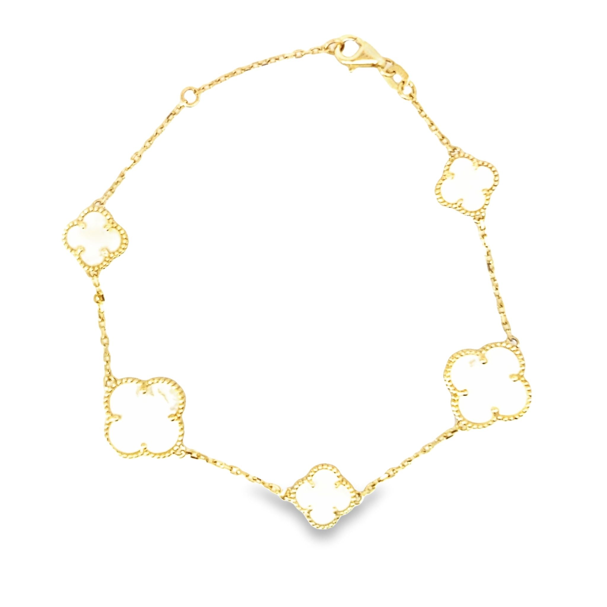 14K Yellow Gold Mother Of Pearl Flower Bracelet 8In 3.9Dwt