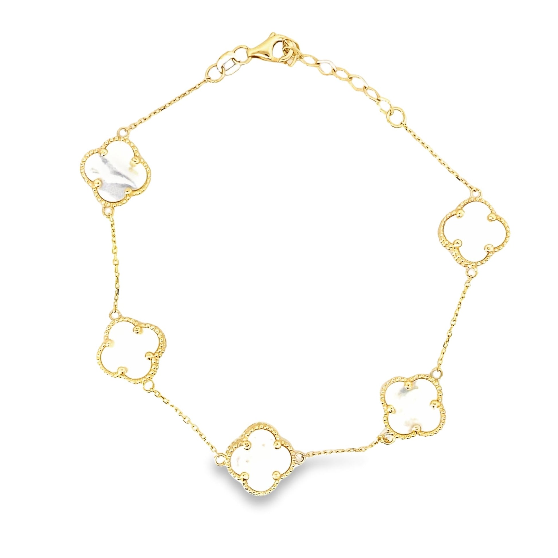 14K Yellow Gold Reversible Mother Of Pearl Flower Bracelet 8In 4.4Dwt