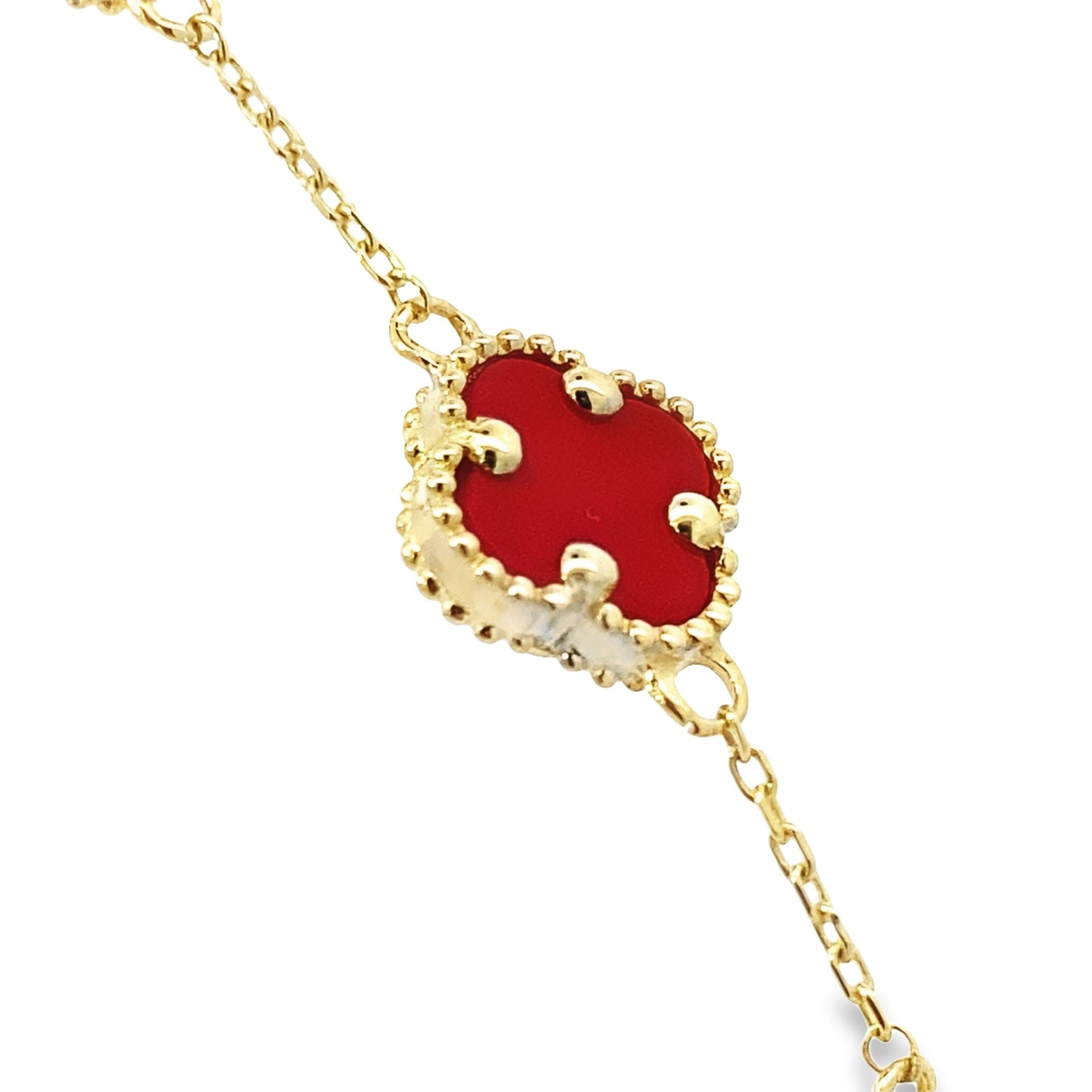 14K Yellow Gold Red Flowers Bracelet 7In 3.5Dwt