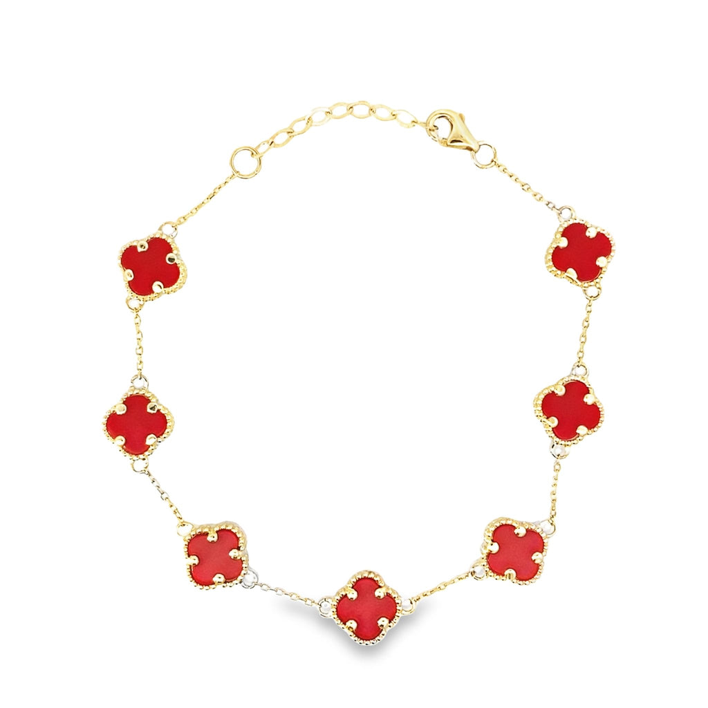 14K Yellow Gold Red Flowers Bracelet 7In 3.5Dwt