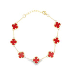 14K Yellow Gold Red Flowers Bracelet 7In 3.5Dwt