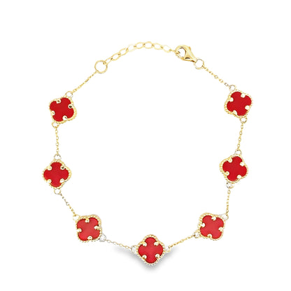 14K Yellow Gold Red Flowers Bracelet 7In 3.5Dwt
