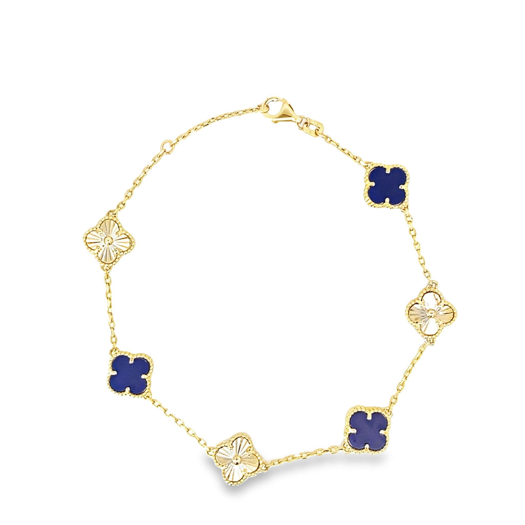 14K Yellow Gold Royal Blue & Gold Flowers Bracelet 8In 2.8Dwt