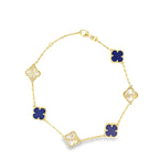 14K Yellow Gold Royal Blue & Gold Flowers Bracelet 8In 2.8Dwt