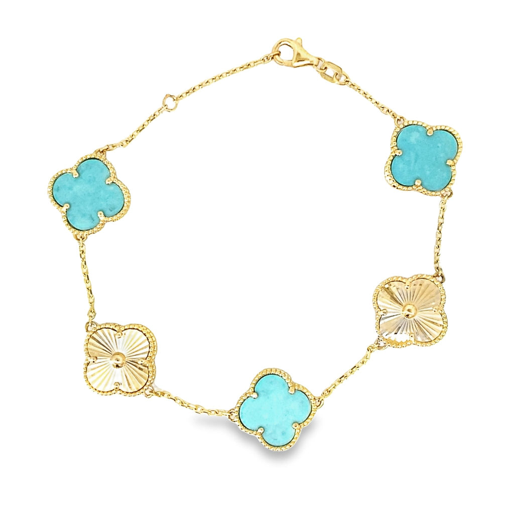 14K Yellow Gold Teal Stone & Gold Flowers Bracelet 8In 4.5Dwt