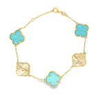 14K Yellow Gold Teal Stone & Gold Flowers Bracelet 8In 4.5Dwt