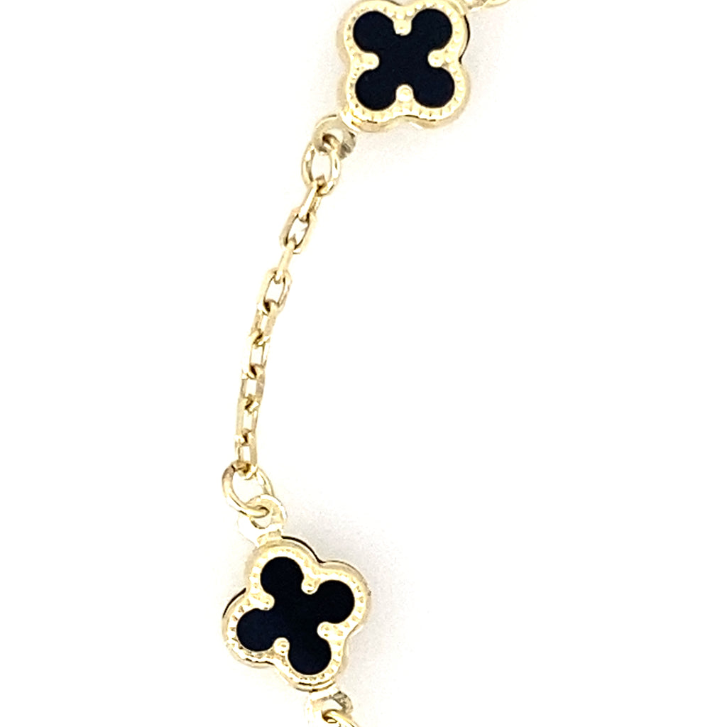 10K Yellow Gold Small Onyx Flowers Bracelet 8In 1.5Dwt