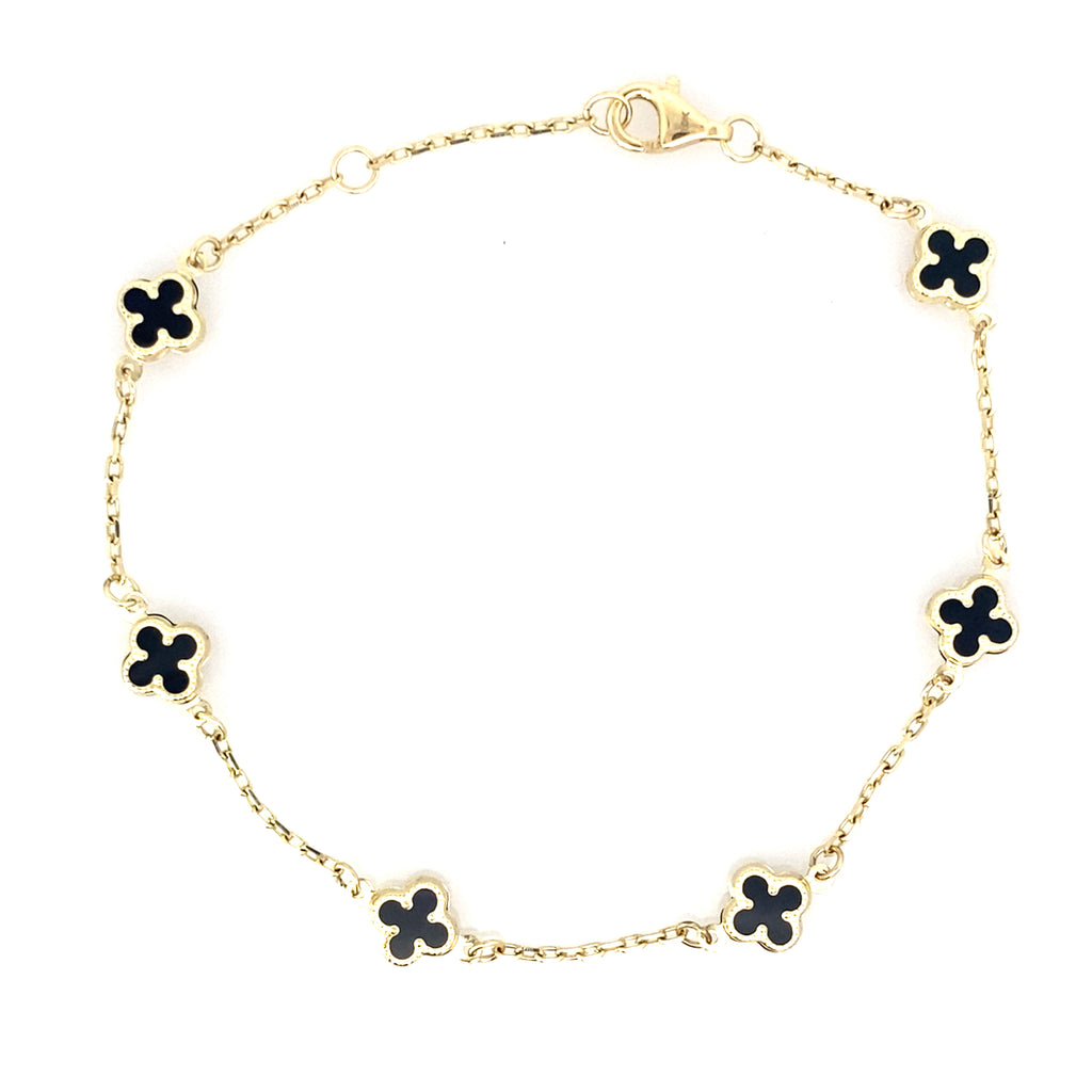 10K Yellow Gold Small Onyx Flowers Bracelet 8In 1.5Dwt