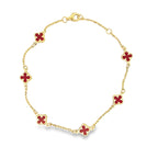 10K Yellow Gold Small Red Stone Flowers Bracelet 8In 1.3Dwt