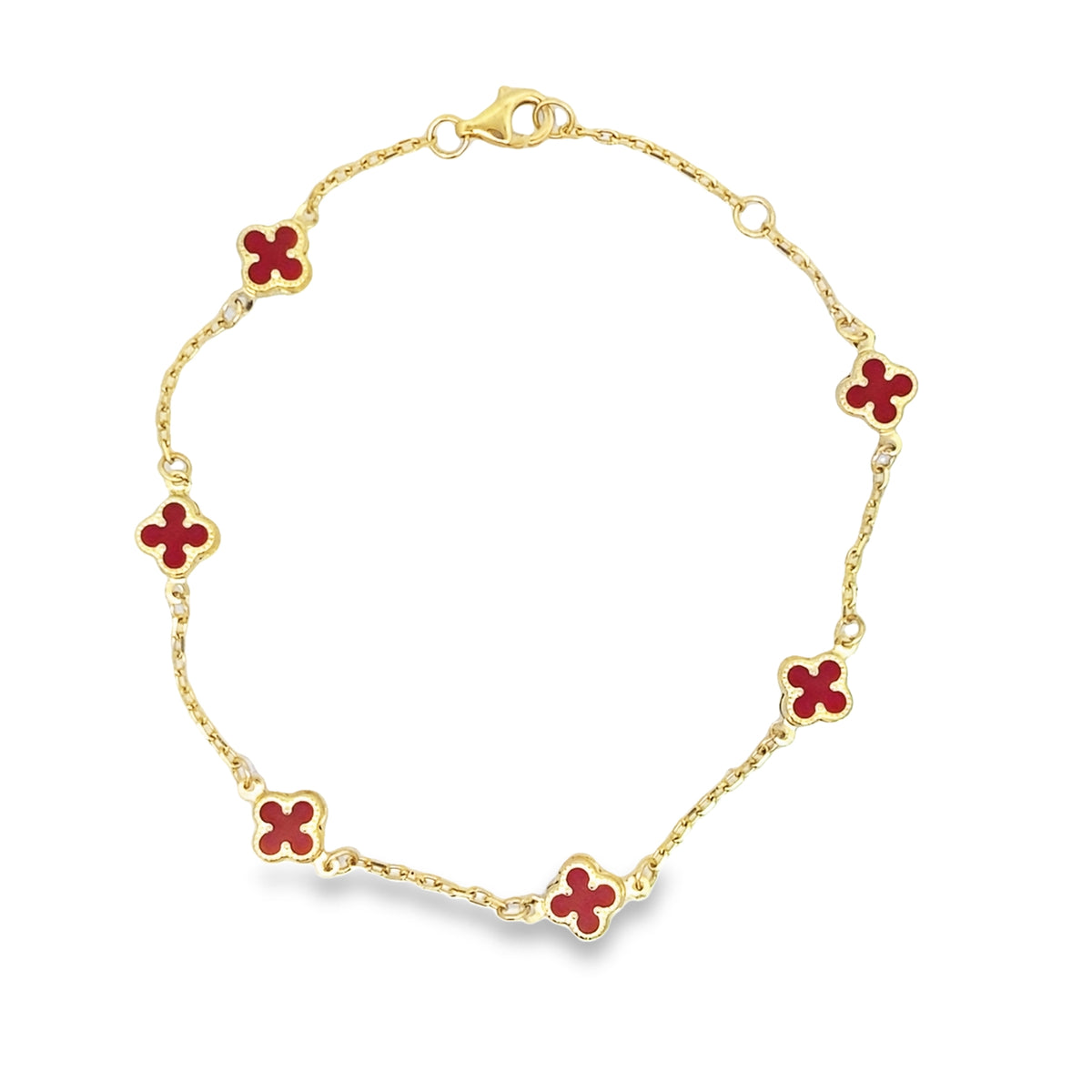 10K Yellow Gold Small Red Stone Flowers Bracelet 8In 1.3Dwt