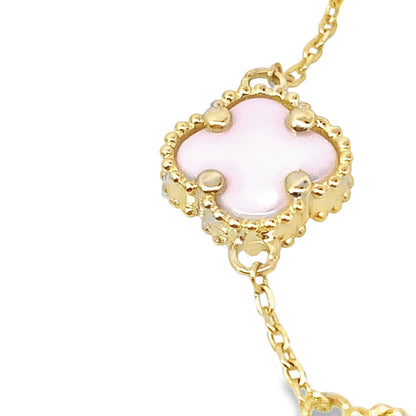 14K Yellow Gold Pink Stones Flowers Bracelet 8In