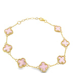 14K Yellow Gold Pink Stones Flowers Bracelet 8In