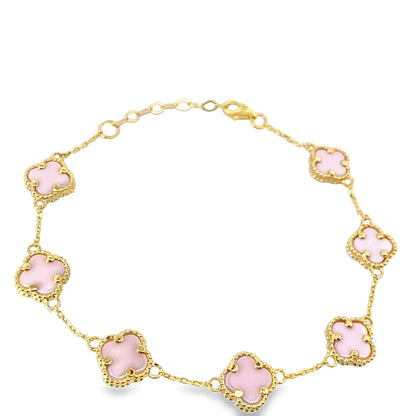 14K Yellow Gold Pink Stones Flowers Bracelet 8In