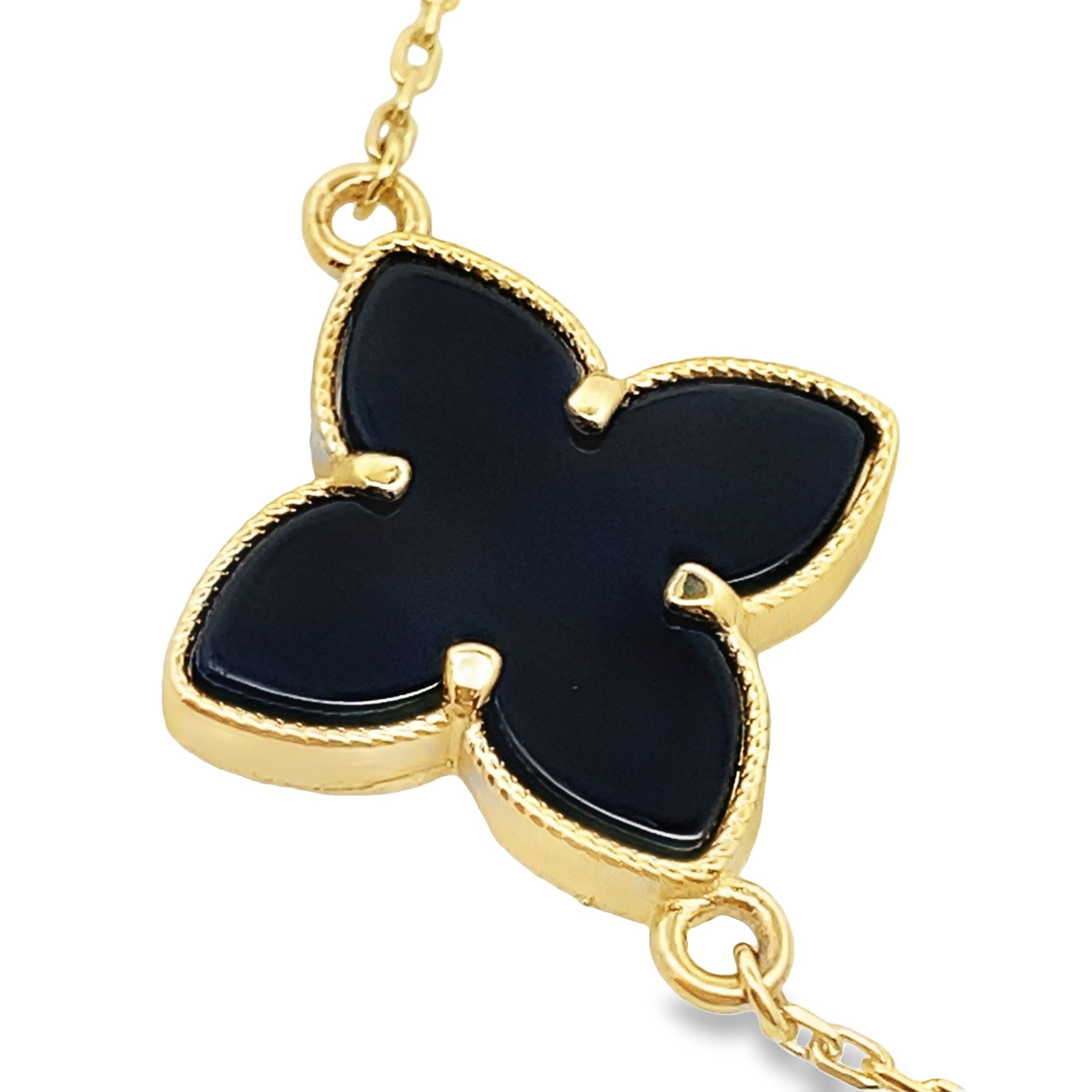 10K Yellow Gold Onyx Flowers Bracelet 8In