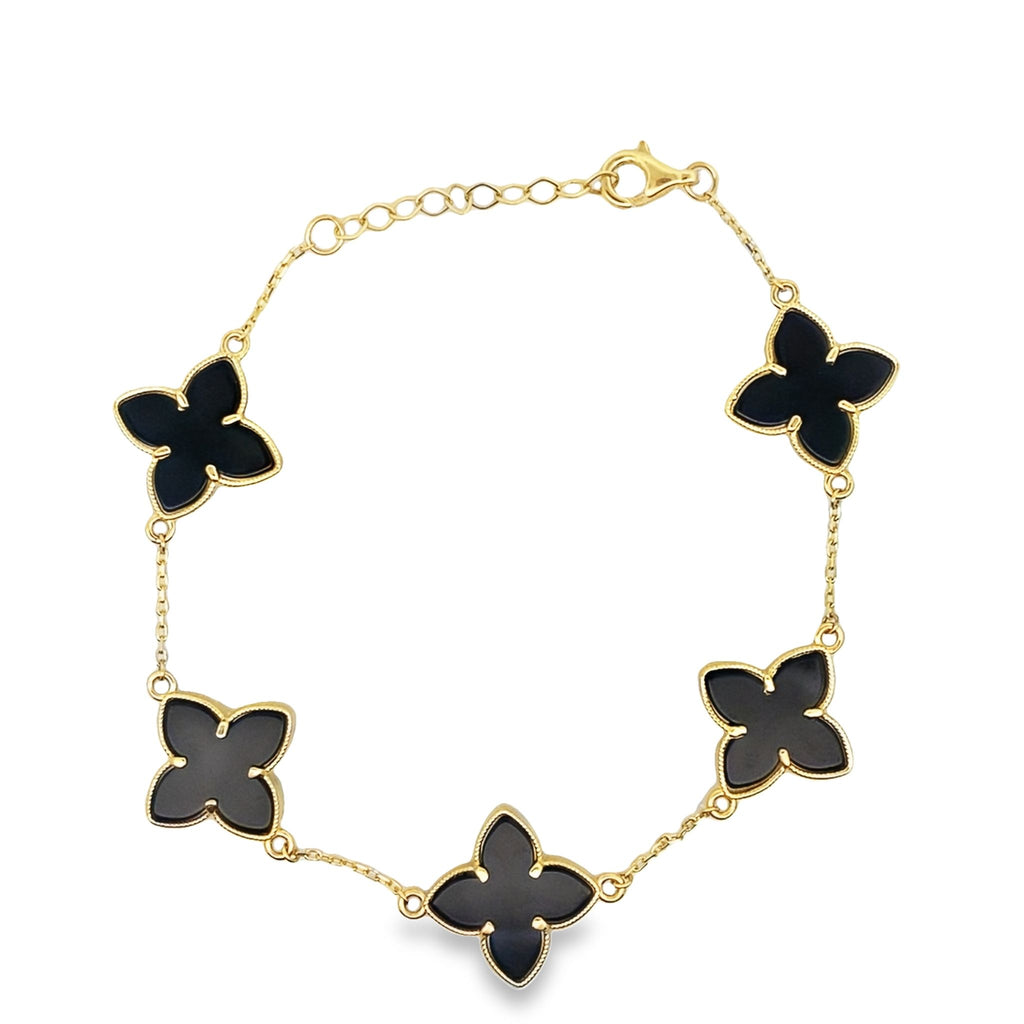10K Yellow Gold Onyx Flowers Bracelet 8In