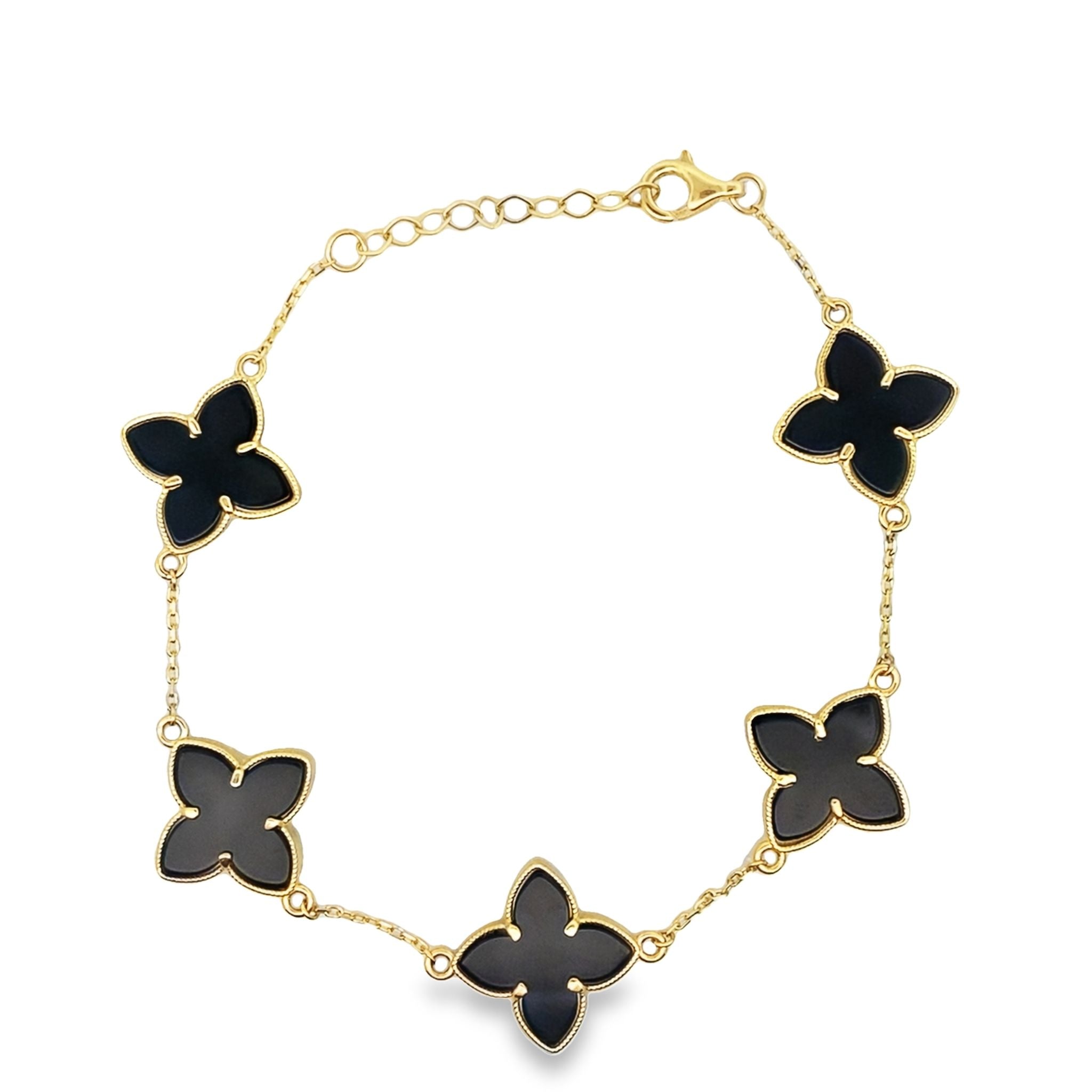 10K Yellow Gold Onyx Flowers Bracelet 8In