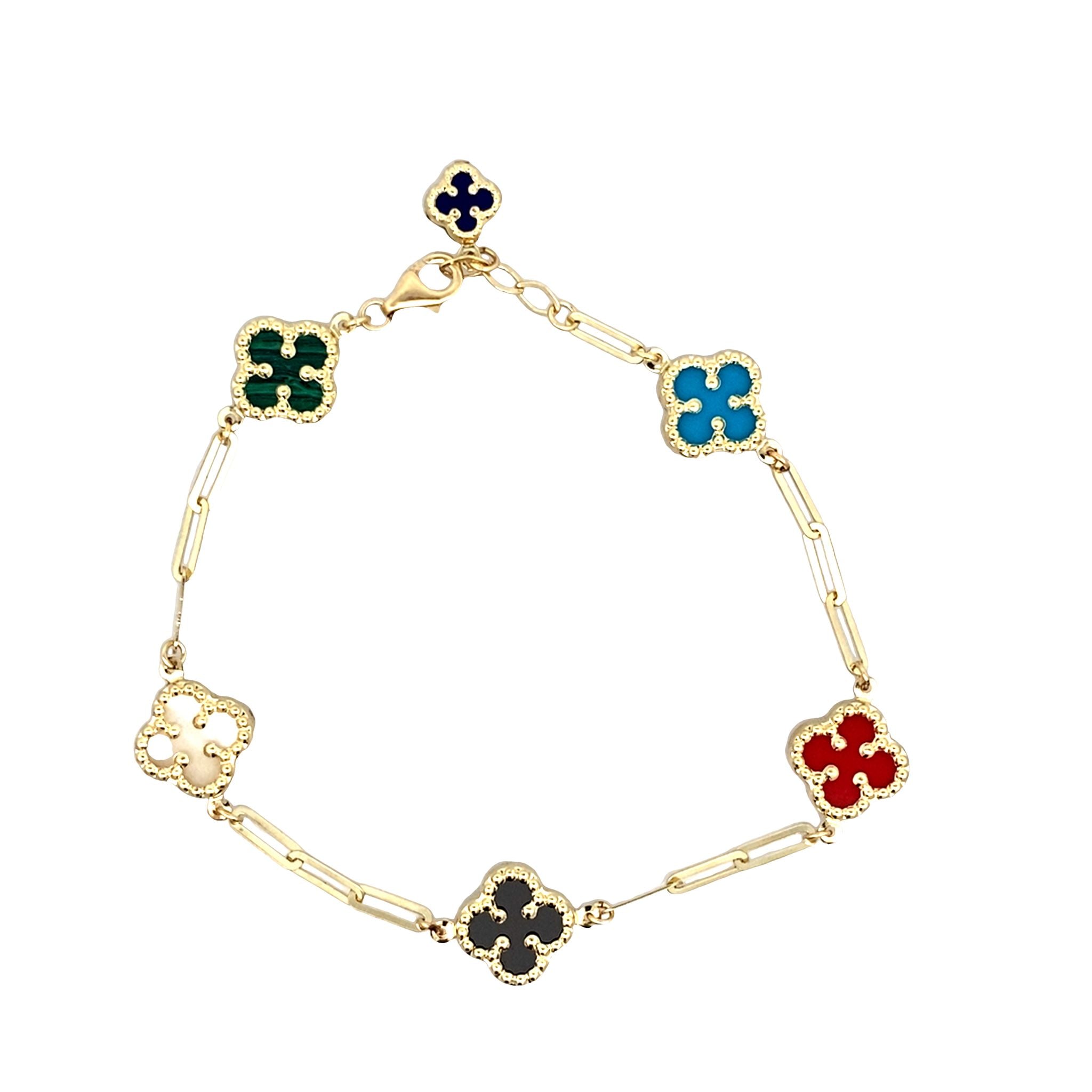 14K Yellow Gold Multi Color Flowers Bracelet 8In 3.0Dwt