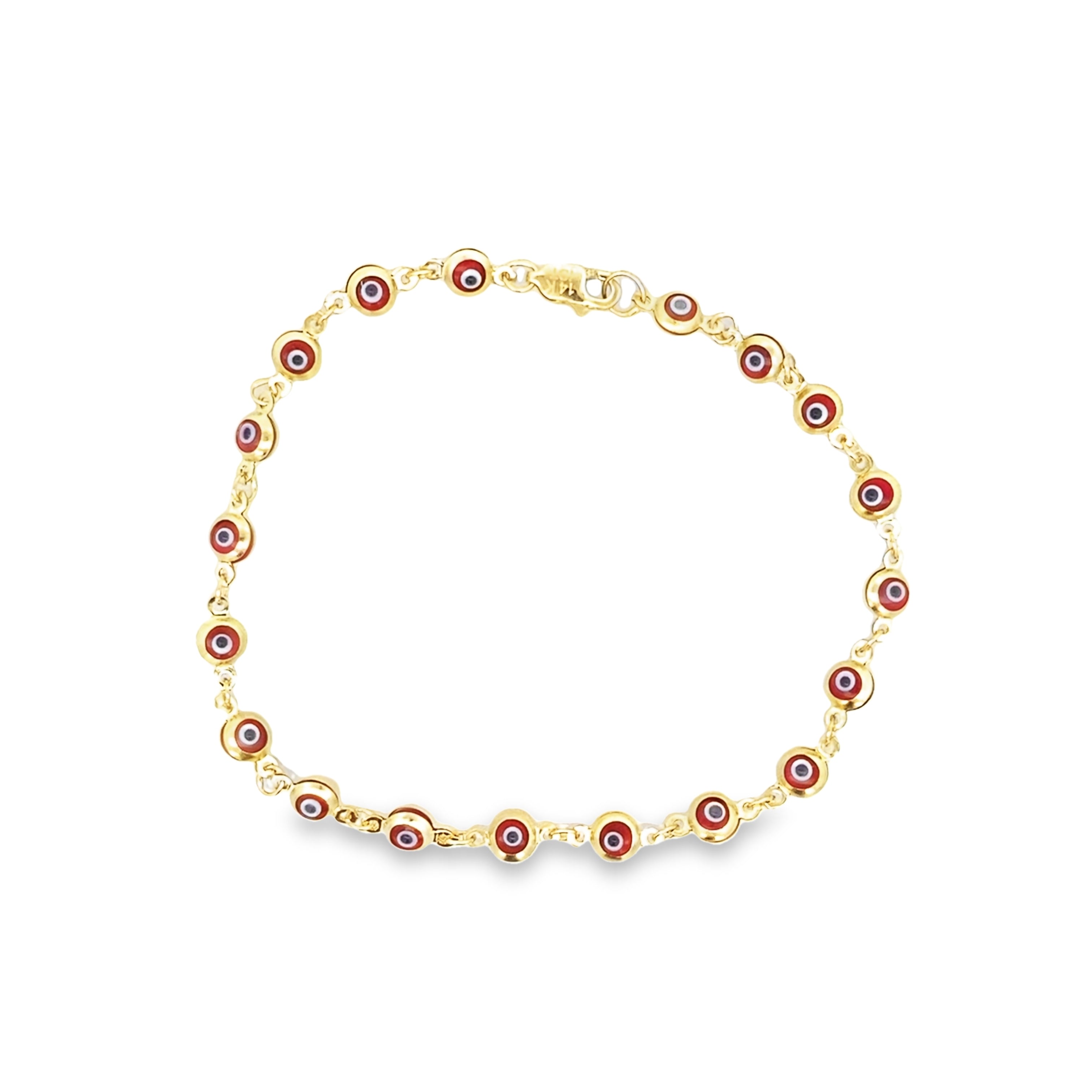 14K Yellow Gold Red Evil Eye Bracelet 7In 1.8Dwt
