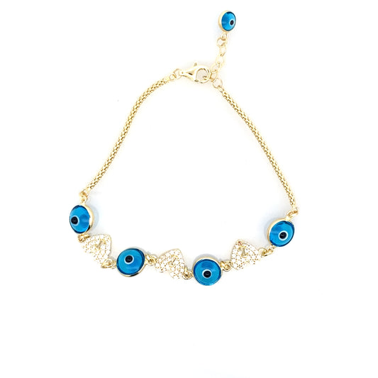 14K Yellow Gold Light Blue Evil Eye Bracelet 8In 2.6Dwt