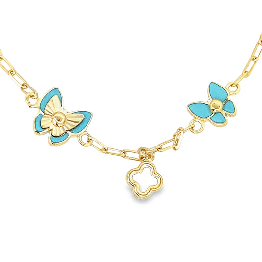 14K Yellow Gold Light Blue Butterflies & White Flowers Bracelet 8In 3.5Dwt