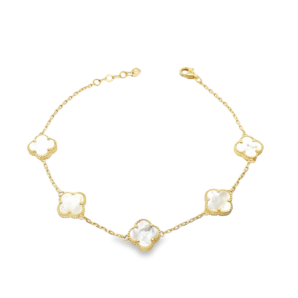 14K Yellow Gold Mother Of Pearl Five Flower Bracelet 7In 2.5Dwt