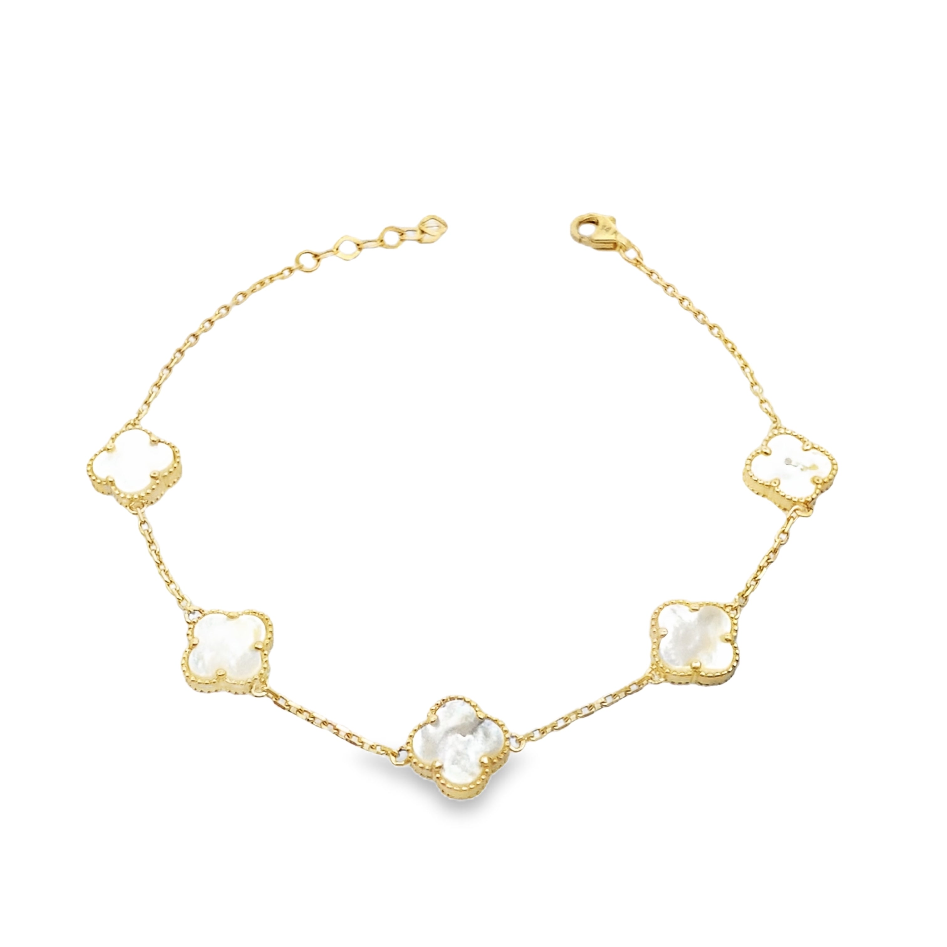 14K Yellow Gold Mother Of Pearl Five Flower Bracelet 7In 2.5Dwt