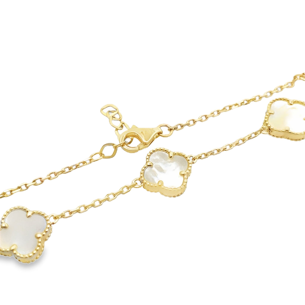 14K Yellow Gold Mother Of Pearl Five Flower Bracelet 7In 2.5Dwt