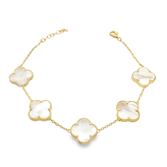 14K Yellow Gold Mother Of Pearl Five Flower Bracelet 7In 4.1Dwt
