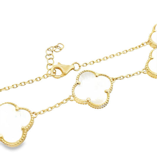14K Yellow Gold Mother Of Pearl Five Flower Bracelet 7In 4.1Dwt