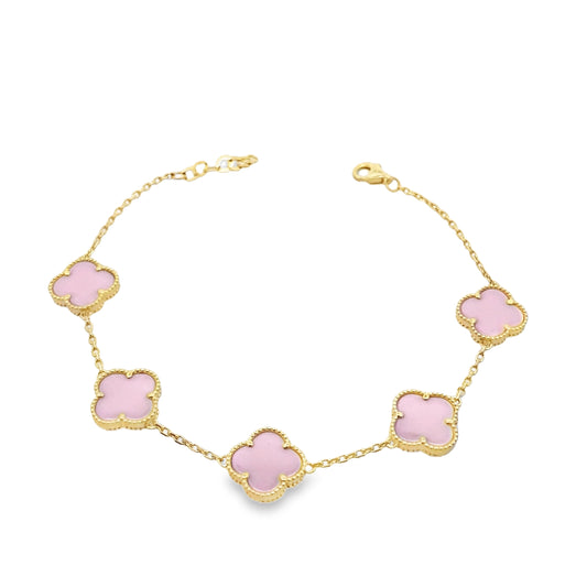14K Yellow Gold Pink Five Flower Bracelet 7In 4.6Dwt