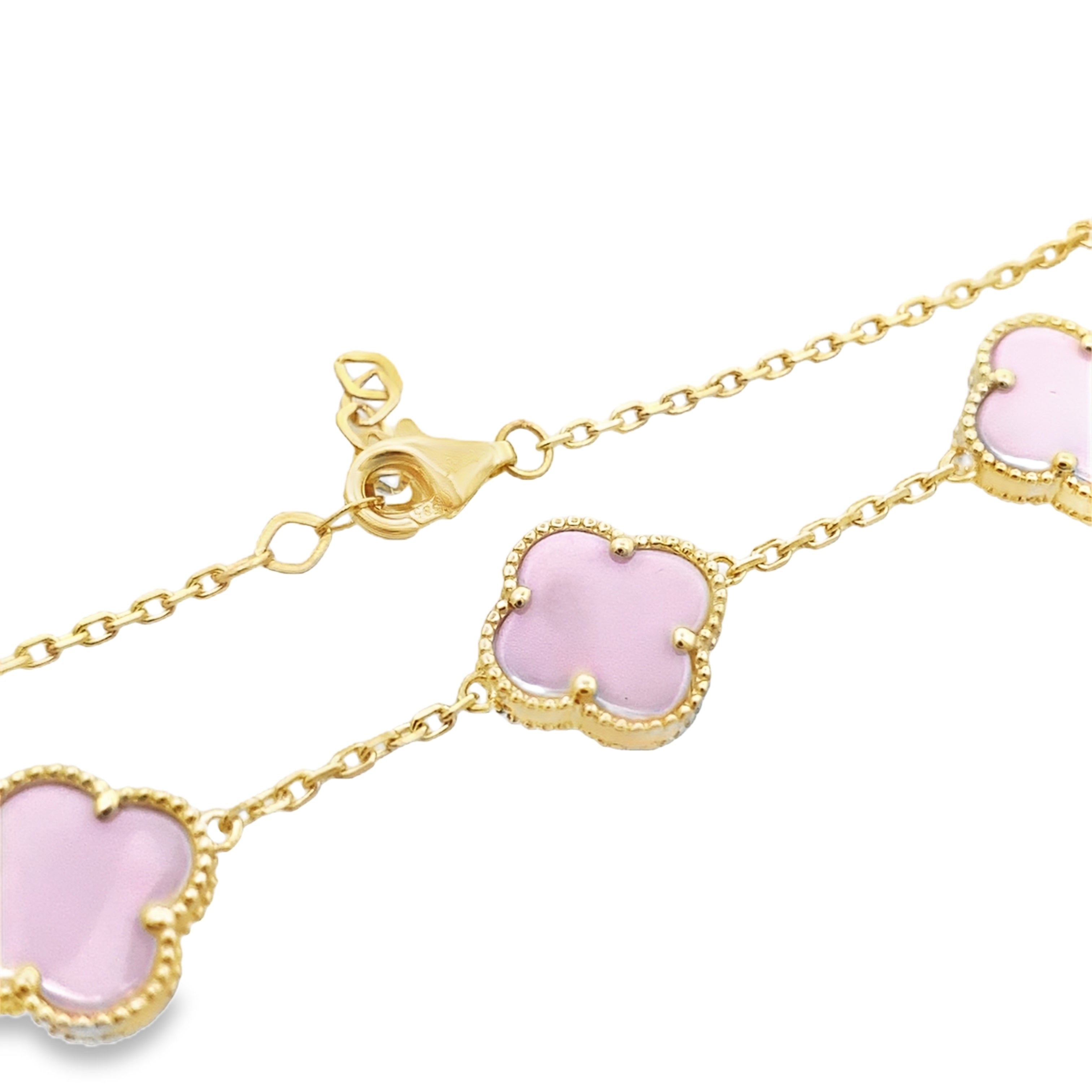 14K Yellow Gold Pink Five Flower Bracelet 7In 4.6Dwt