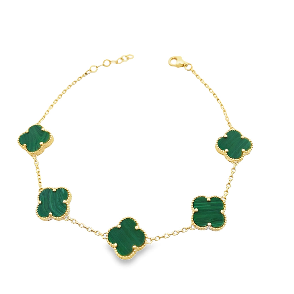 10K Yellow Gold Five Green Flowers Bracelet 7In 3.6Dwt