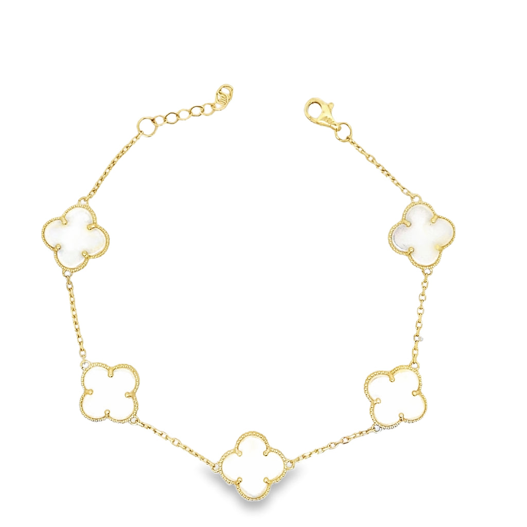 10K Yellow Gold Medium Five White Flowers Bracelet 8In 5.3Dwt