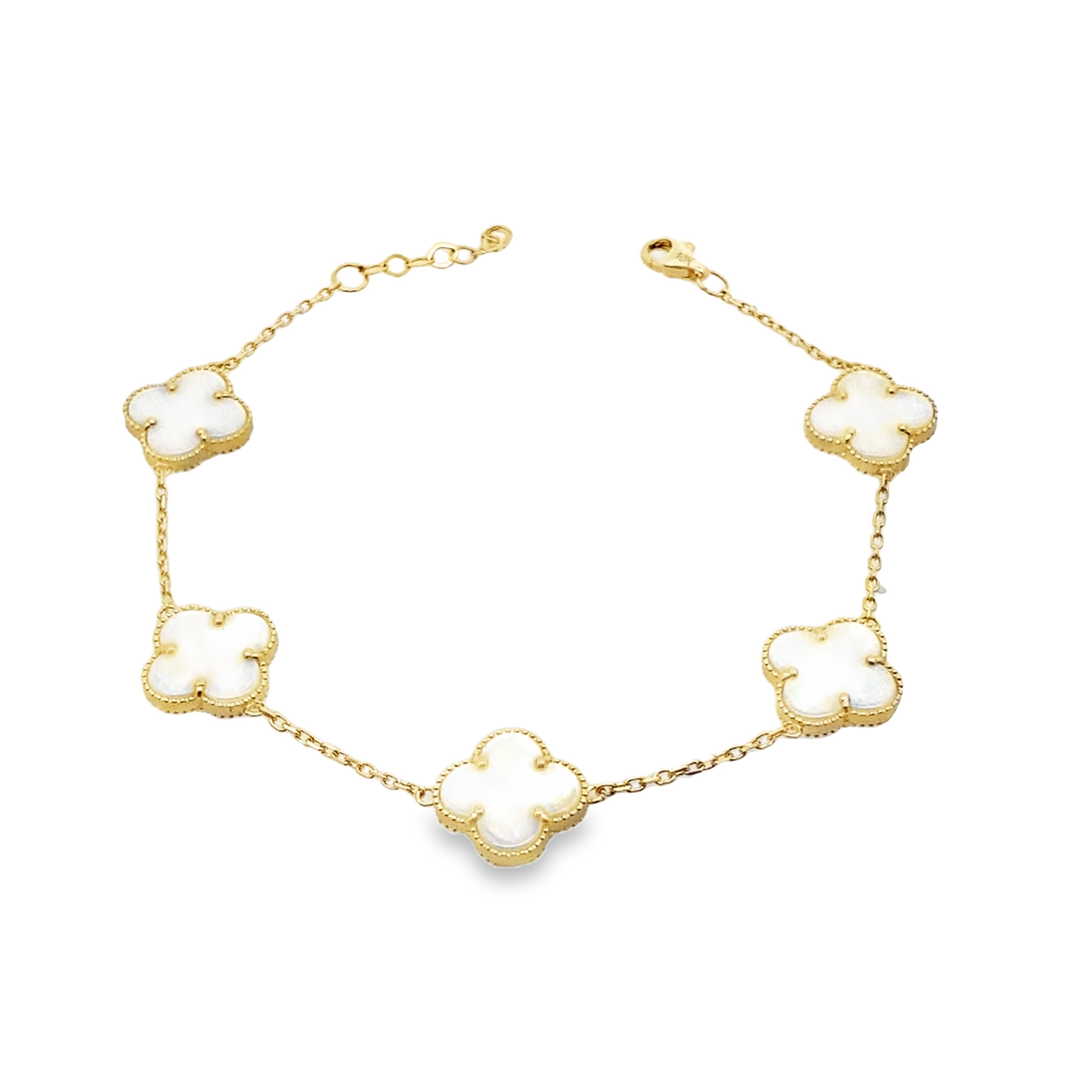 10K Yellow Gold Medium Five White Flowers Bracelet 8In 5.3Dwt