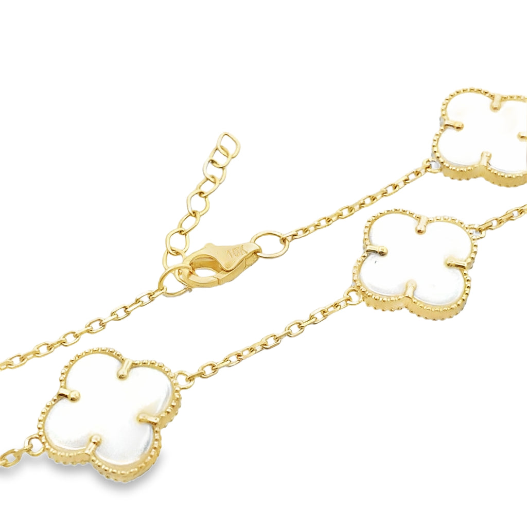 10K Yellow Gold Medium Five White Flowers Bracelet 8In 5.3Dwt