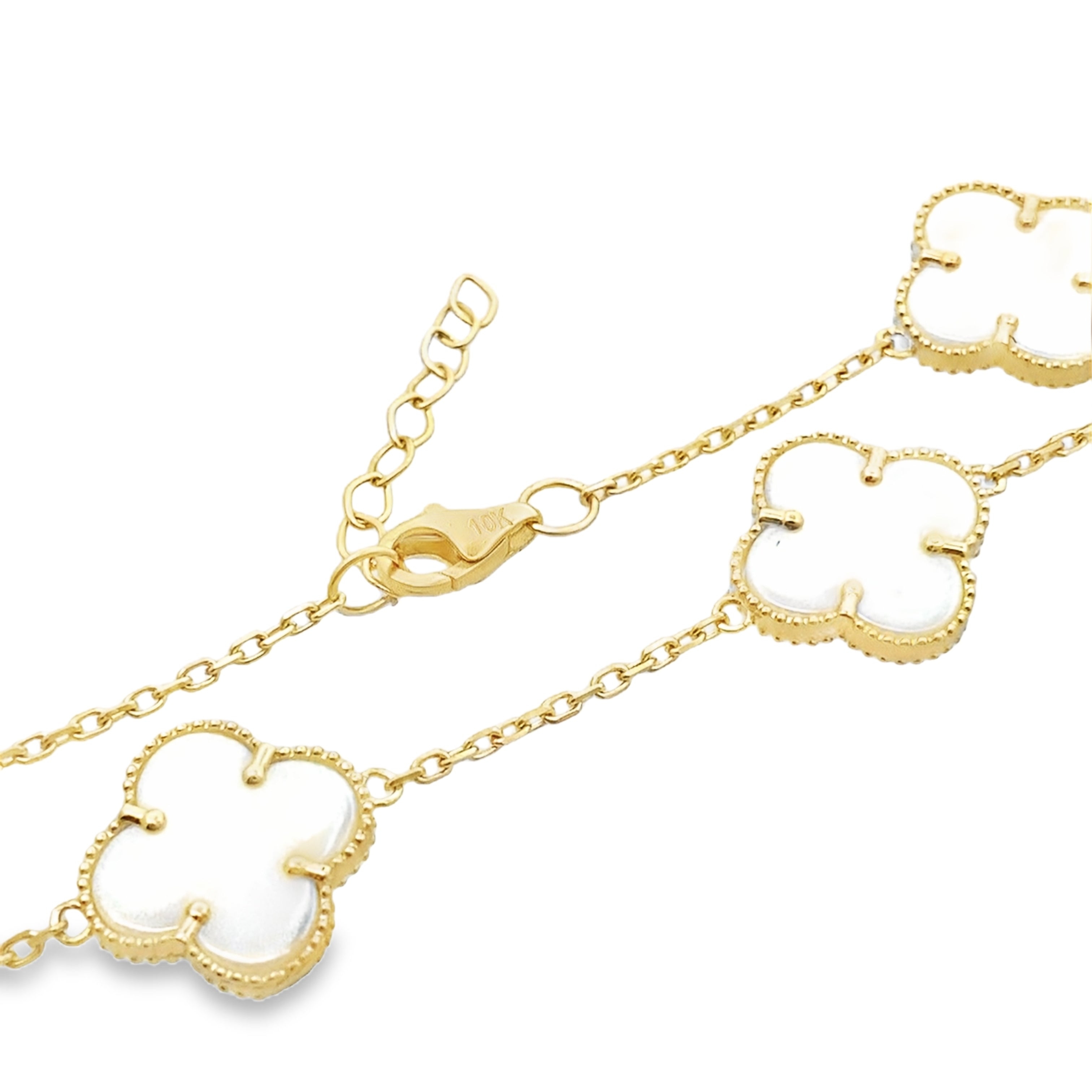 10K Yellow Gold Medium Five White Flowers Bracelet 8In 5.3Dwt