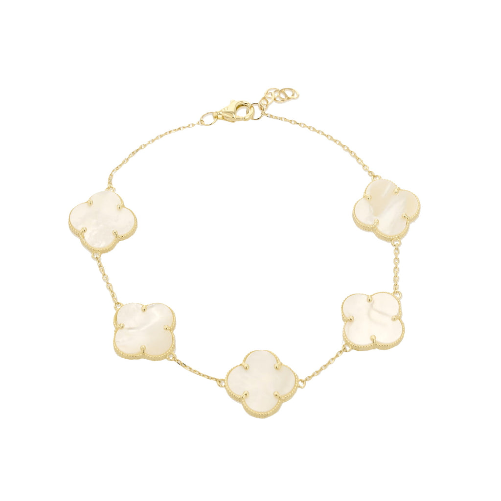 10K Yellow Gold Mother Of Pearl Flowers Bracelet 7In 3.1Dwt