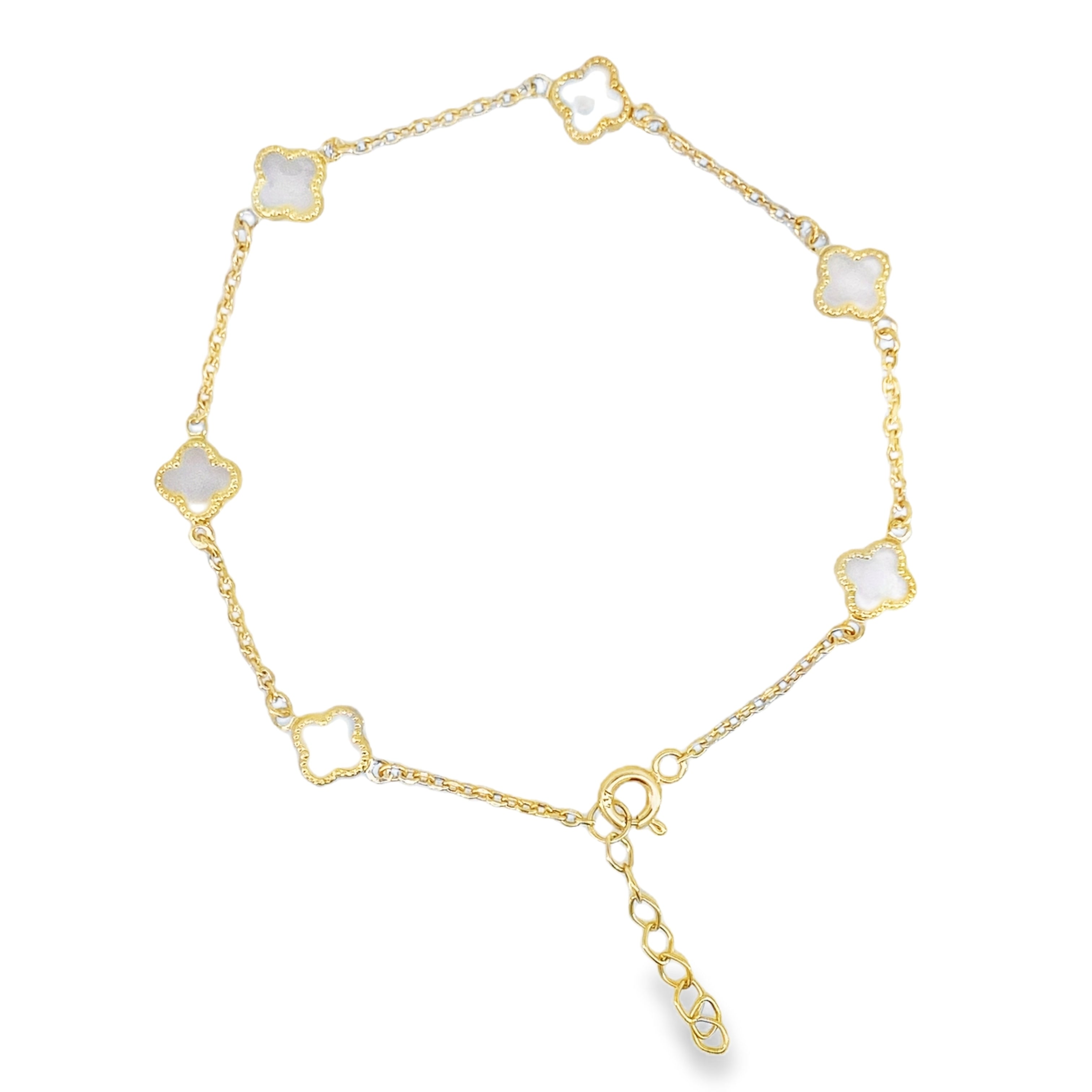 10K Yellow Gold Small White Flowers Bracelet 7In 1.7Dwt